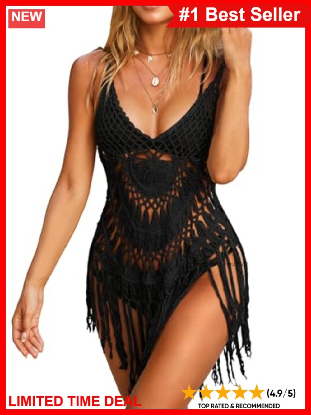 Crochet Tassel Swimsuit Cover Up Beach Dress Deep V Asymmetric Hem
